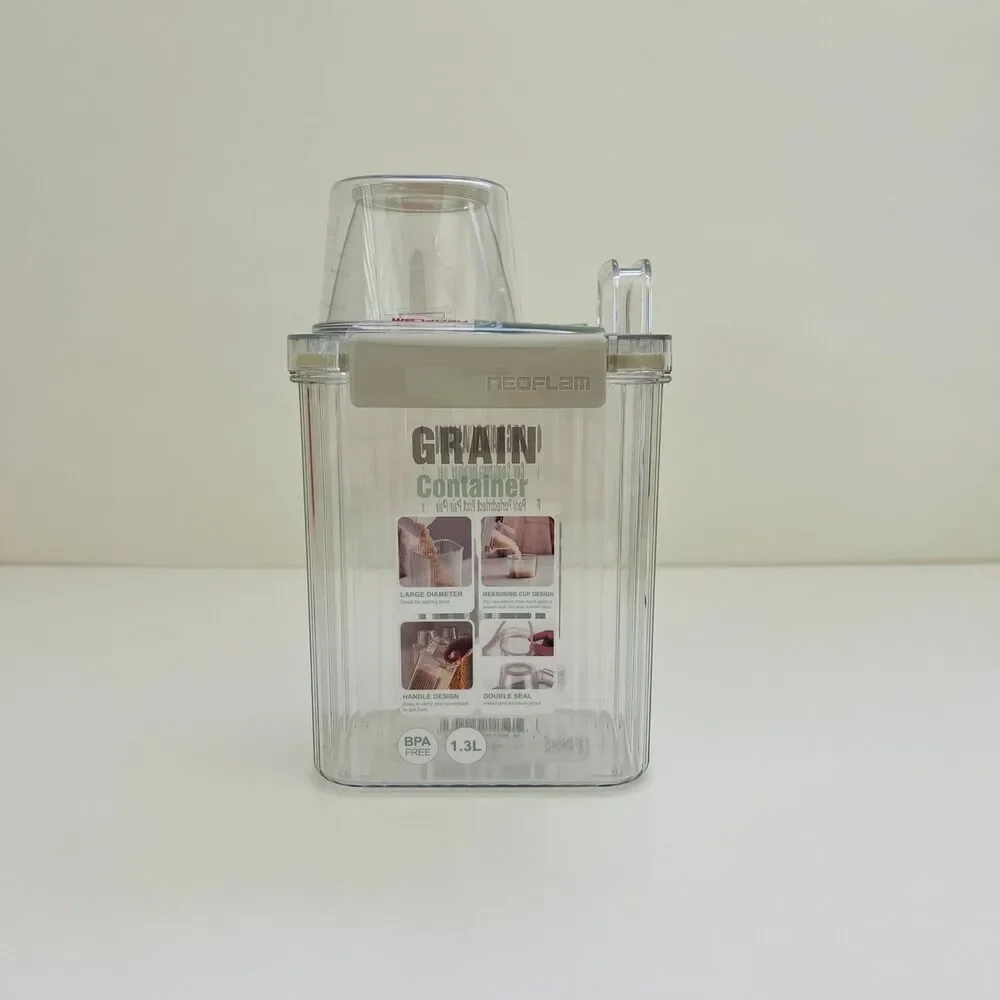 NEOFLAM Clear Plastic Grain Canister Storage Container W Measuring Cup Lid- 1.3L